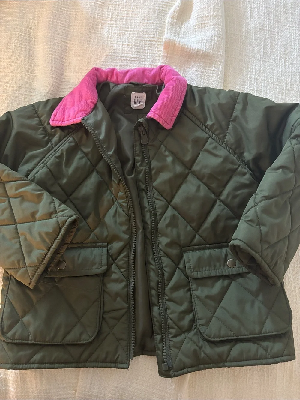 GAP Olive Quilted Puffer Jacket with Pink Corduroy Collar